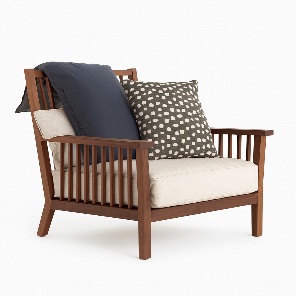 Spanish Lounge Chair in solid Mosky wood with slatted sides and neutral cushions — Cozyology Furniture Egypt.
