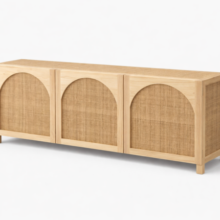 Pavo sideboard with natural wood frame and woven cane front panels