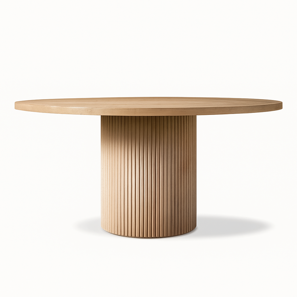 Michigan Round Dining Table by Cozyology Furniture Egypt – minimalist solid wood round table with fluted cylindrical base, suitable for indoor and outdoor use, available in Pitch Pine or Mosky wood