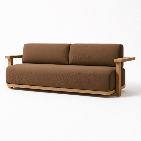 Bahia Sofa by Cozyology Furniture Egypt – minimalist solid wood sofa with brown upholstery and wooden arms, designed for indoor and outdoor use, available in Pitch Pine or Mosky wood.