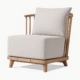 Alexander Chair by Cozyology Furniture Egypt – minimalist solid wood armchair with slatted backrest and light fabric cushions, suitable for indoor and outdoor use, available in Pitch Pine or Zan wood