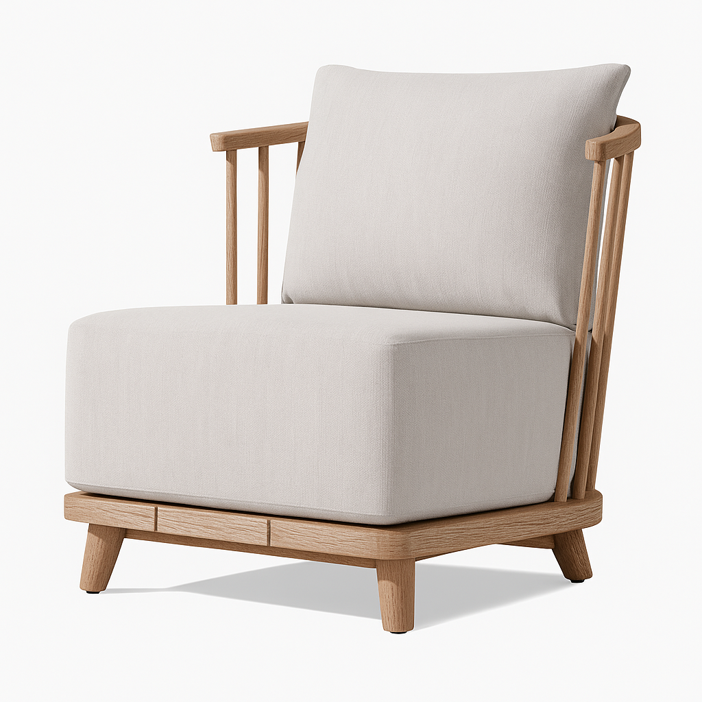 Alexander Chair by Cozyology Furniture Egypt – minimalist solid wood armchair with slatted backrest and light fabric cushions, suitable for indoor and outdoor use, available in Pitch Pine or Zan wood