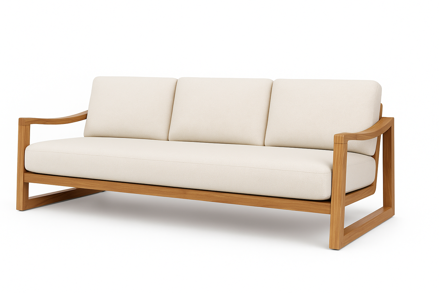 Woody Sofa – modern wooden frame sofa with white cushions, Cozyology Furniture Egypt