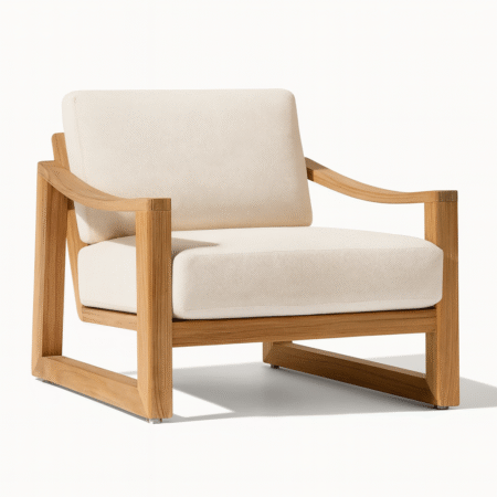 Woody Chair – Modern wooden lounge chair with sculptural frame and upholstered cushions, Cozyology Furniture Egypt.