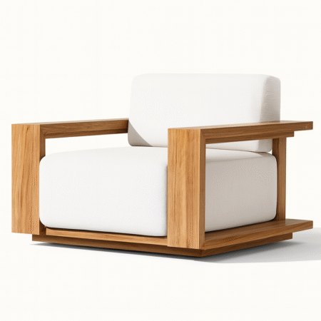 Reve Chair – modern solid wood lounge chair with white cushions by Cozyology Furniture Egypt