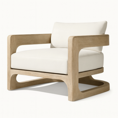Wood Sense Armchair by Cozyology Furniture Egypt – sculptural carved solid wood lounge chair with white cushions
