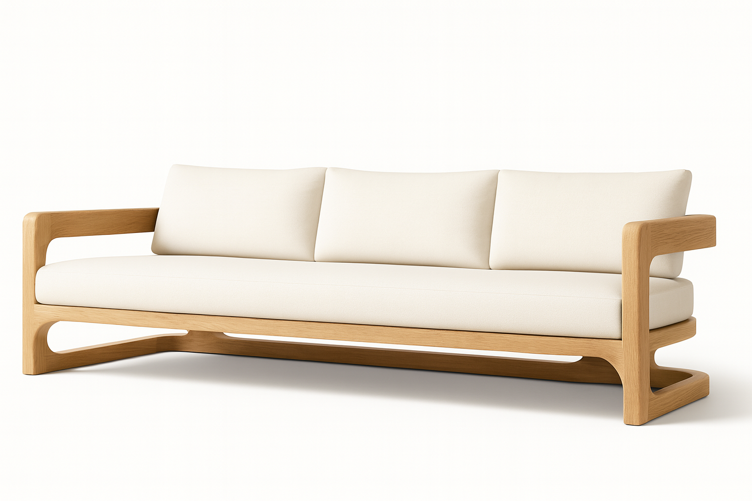 Wood Sense Sofa by Cozyology Furniture Egypt – sculptural carved solid wood frame with deep cushioned seating, organic minimalist modern sofa.