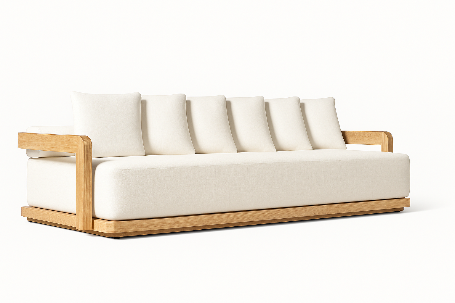 Rome Sofa by Cozyology Furniture Egypt – minimalist solid wood sofa with light wood frame and white cushions, suitable for indoor and outdoor use, available in Pitch Pine or Mosky wood.