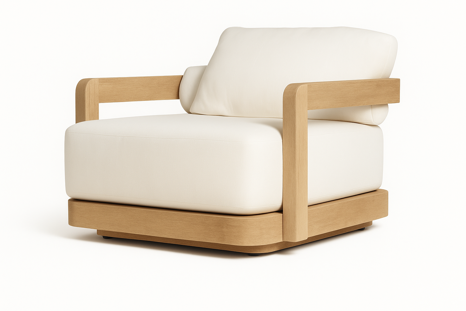 Rome Chair by Cozyology Furniture Egypt – minimalist solid wood chair with light wood frame and white cushions, suitable for indoor and outdoor use, available in Pitch Pine or Mosky wood