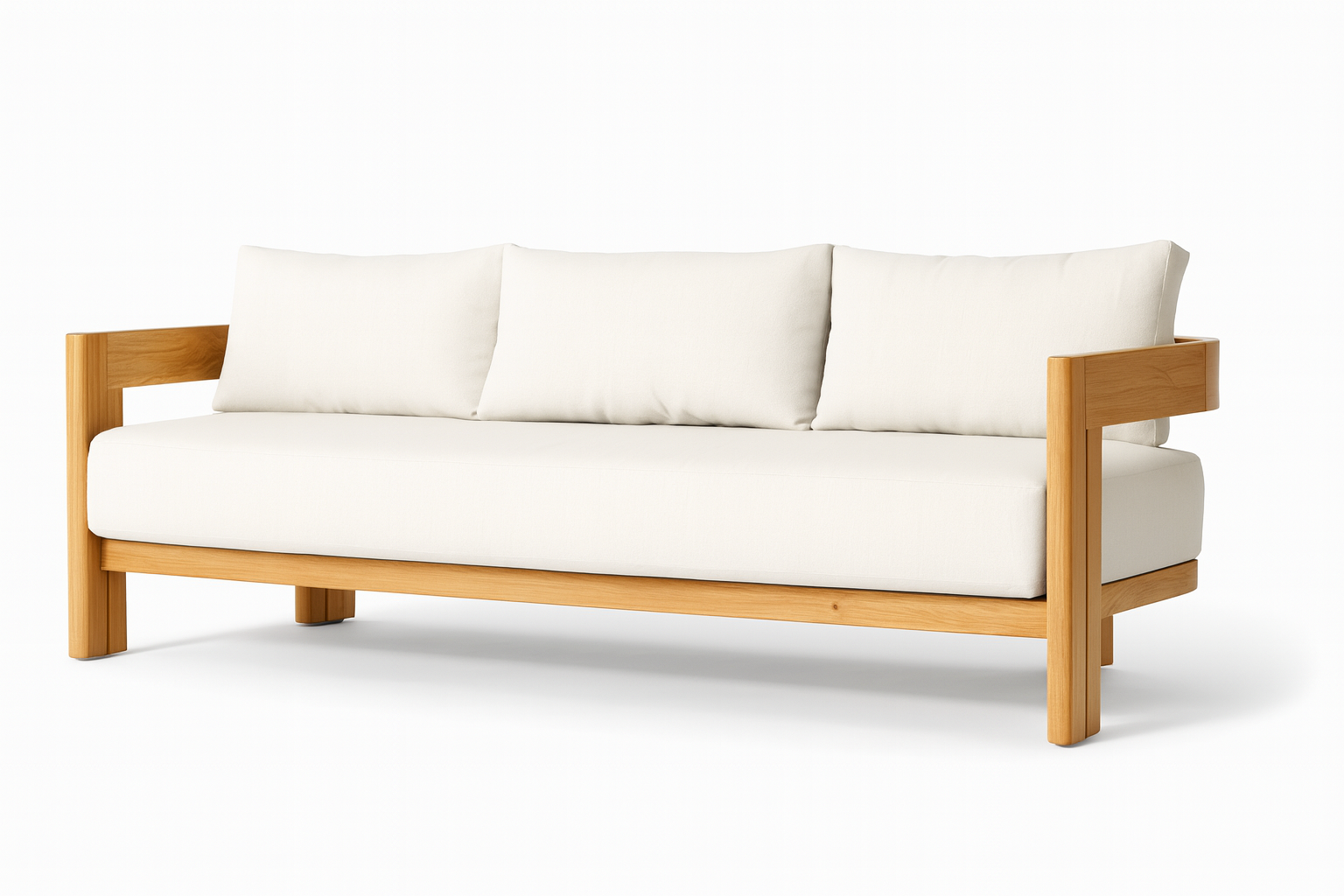 “Oxford Sofa – modern wooden sofa with white cushions by Cozyology Furniture Egypt.”