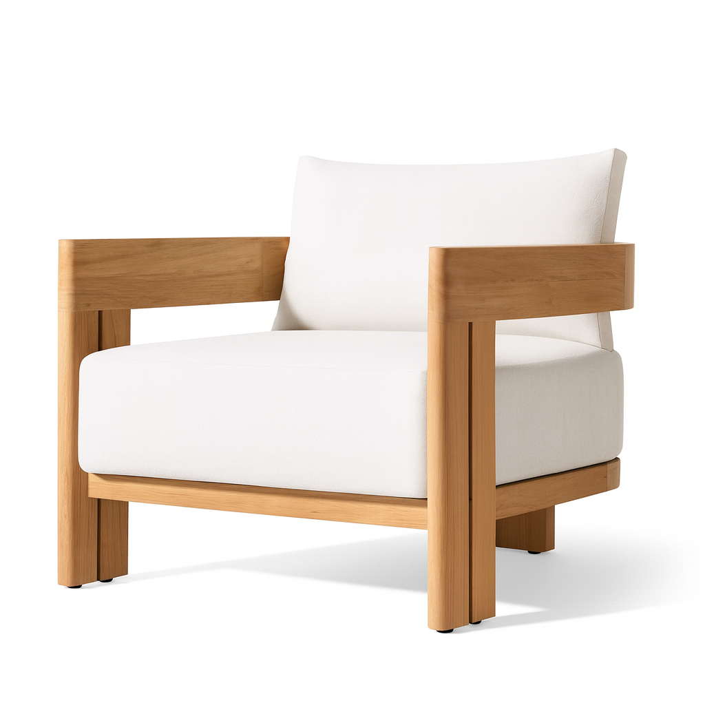“Oxford Lounge Chair – modern wooden lounge chair with white cushions by Cozyology Furniture Egypt.”