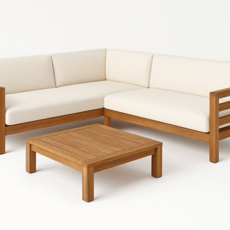 Grove Sectional Sofa Set with solid wood frame and matching coffee table, blue outdoor cushions – Cozyology Furniture Egypt