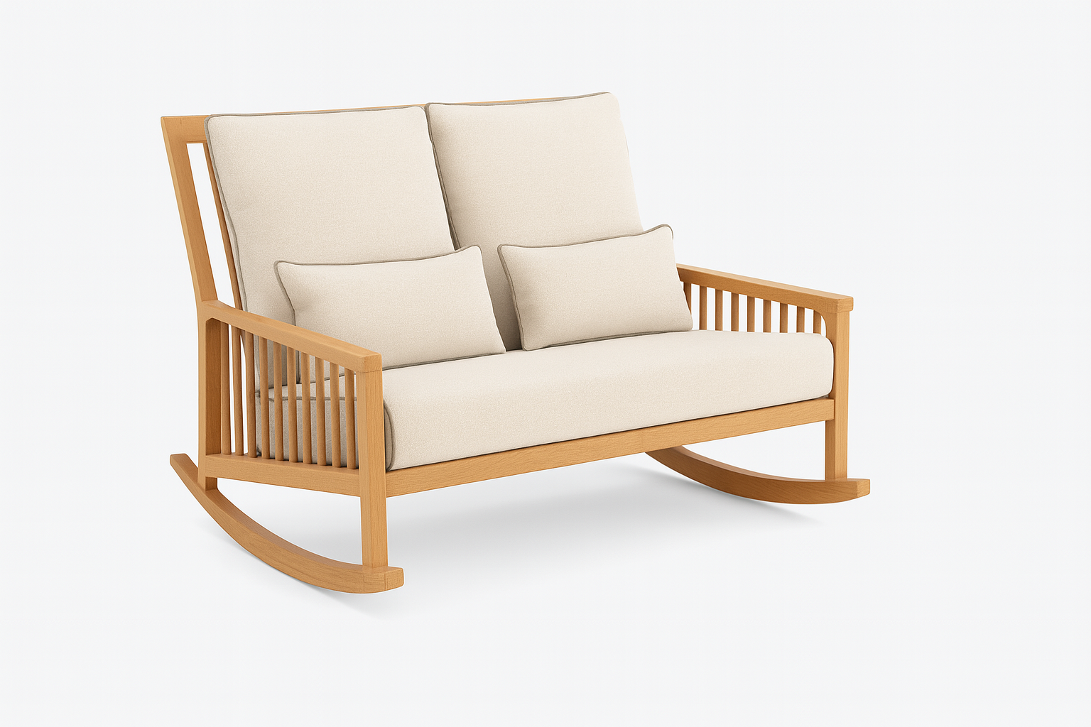 Cozy Coast Rocker Double Seater in Zan wood with cream cushions, luxury wooden rocking chair for patio or indoor lounge.