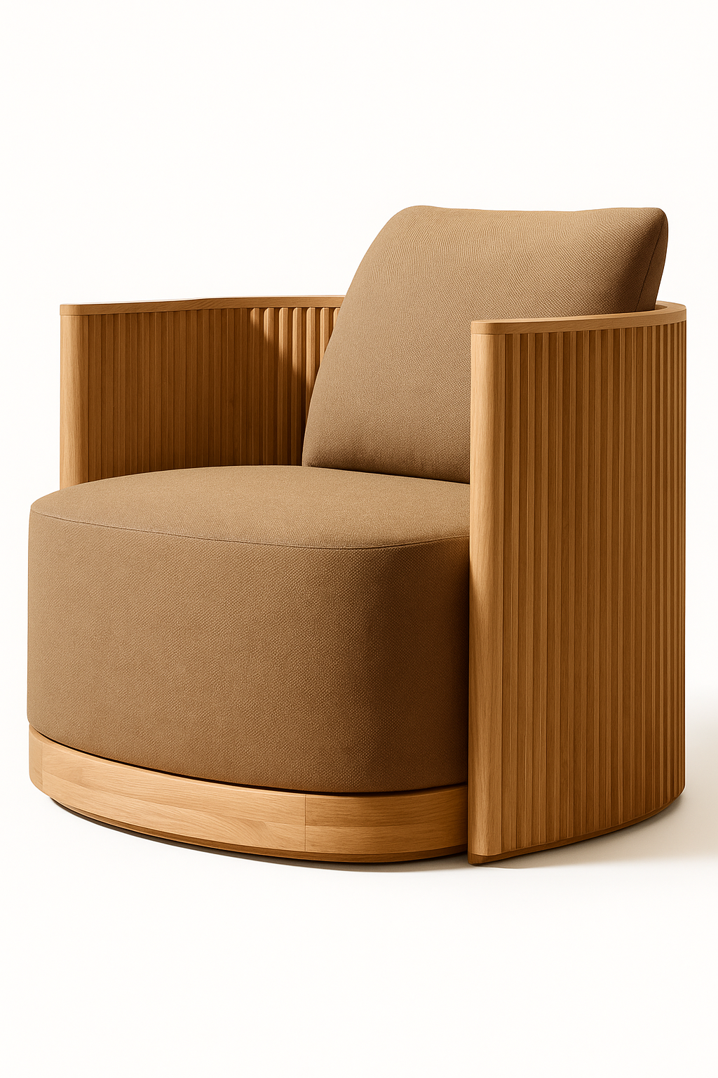 Michigan Lounge Chair by Cozyology Furniture Egypt – minimalist solid wood lounge chair with curved fluted sides and deep cushioned seat, suitable for indoor and outdoor use, available in Pitch Pine or Mosky wood