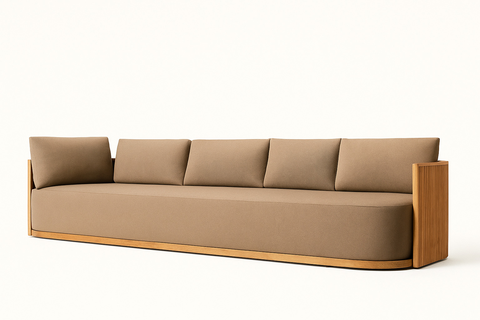 Michigan Sofa by Cozyology Furniture Egypt – minimalist solid wood sofa with fluted side panels and long cushioned seating, suitable for indoor and outdoor use, available in Pitch Pine or Mosky wood