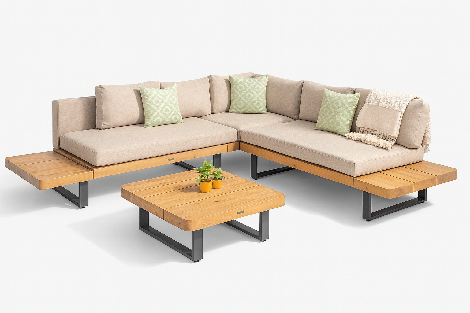 Modern Nevada sectional sofa with teak wood platform, black metal legs, integrated wooden tables, and beige outdoor cushions — styled in a contemporary patio setting.