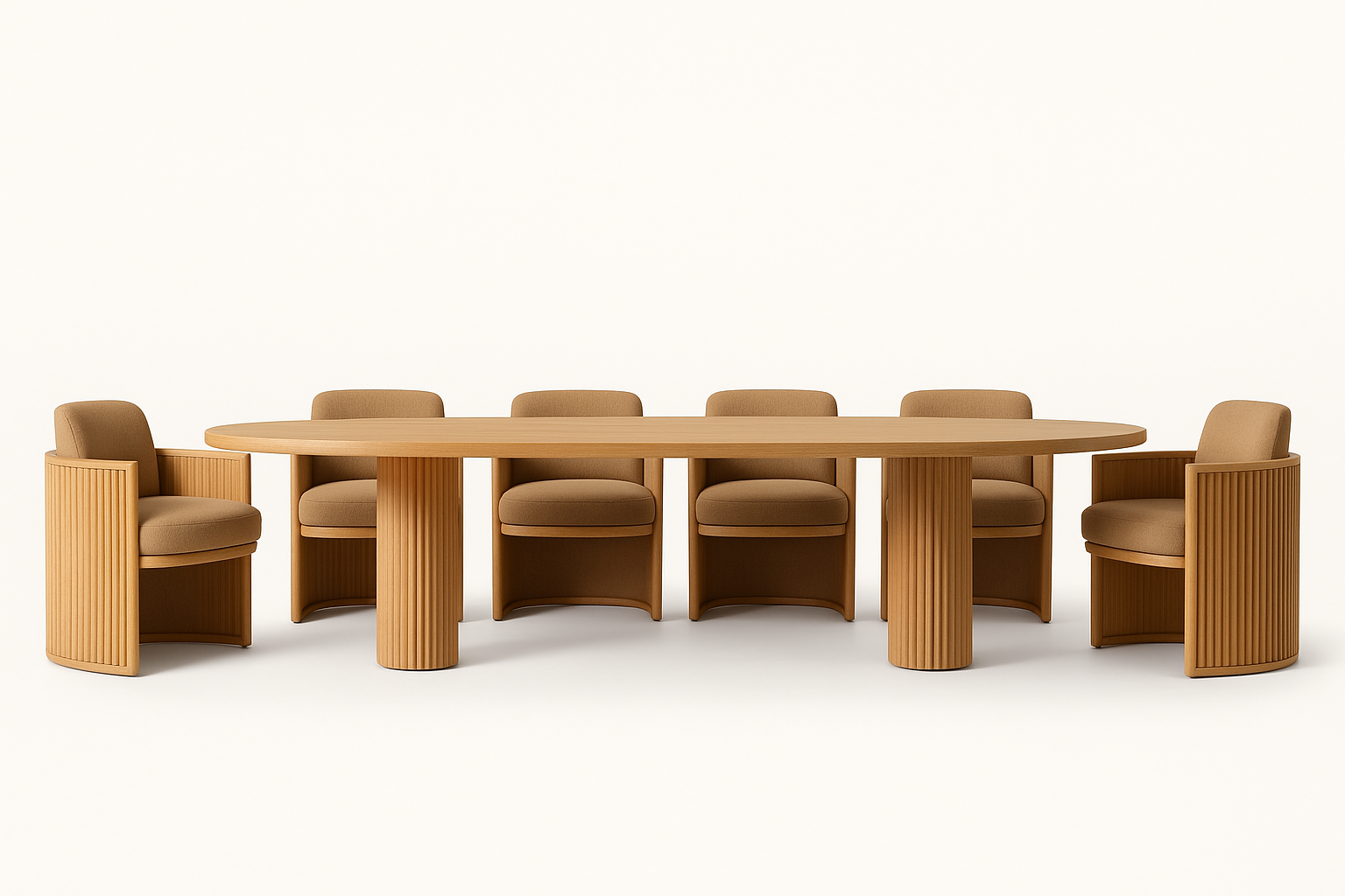 Michigan Dining Set by Cozyology Furniture Egypt – solid wood dining table with six fluted chairs, suitable for indoor and outdoor use, natural minimalist design