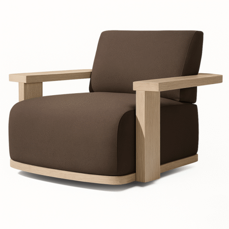 Bahia Armchair by Cozyology Furniture Egypt – minimalist solid wood armchair with brown upholstery and wooden arms, suitable for indoor and outdoor use, available in Pitch Pine or Mosky wood.