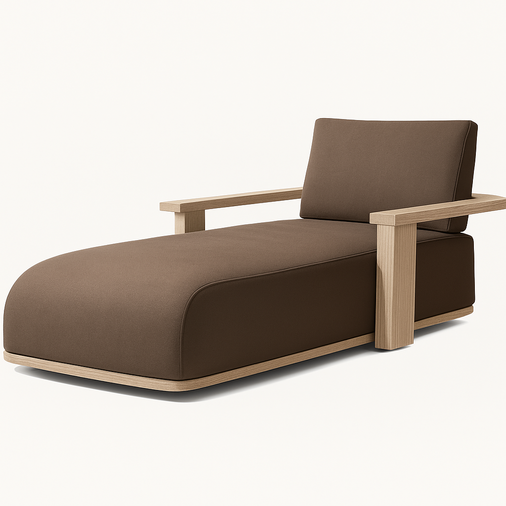 Bahia Chaise Lounge by Cozyology Furniture Egypt – minimalist solid wood chaise with brown upholstery and wooden arms, suitable for indoor and outdoor use, available in Pitch Pine or Mosky wood.