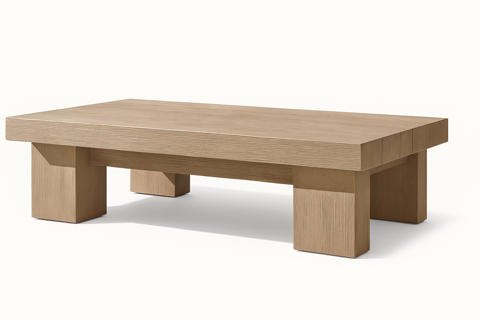 Bahia Coffee Table by Cozyology Furniture Egypt – minimalist solid wood coffee table with block legs and natural finish, suitable for indoor and outdoor use, available in Pitch Pine or Mosky wood
