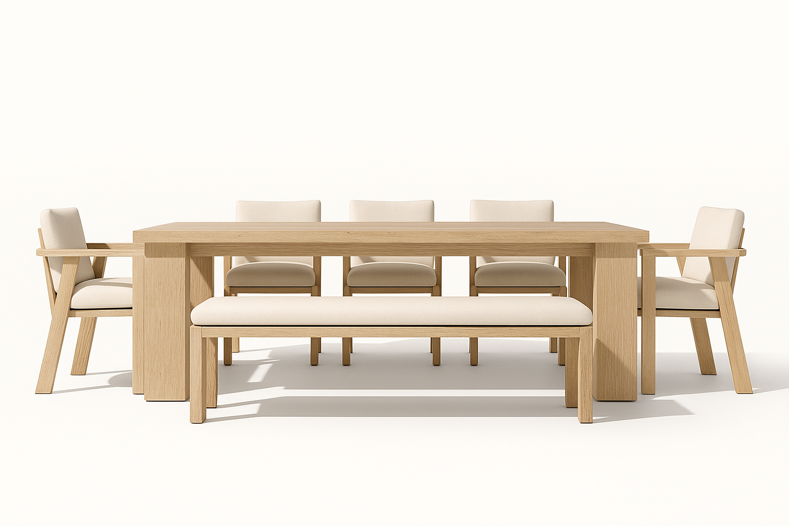 Bahia Dining Set by Cozyology Furniture Egypt – minimalist solid wood dining table with upholstered chairs and bench, designed for indoor and outdoor use, available in Pitch Pine or Mosky wood