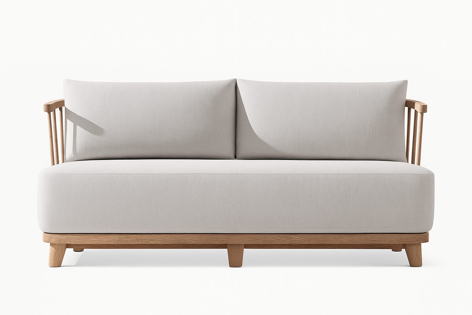 Alexander Sofa by Cozyology Furniture Egypt – minimalist solid wood sofa with light fabric cushions and spindle backrest, suitable for indoor and outdoor use, available in Pitch Pine or zan wood.