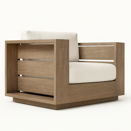 Tao Armchair – solid wood slatted lounge chair with white cushions by Cozyology Furniture Egypt