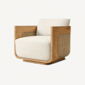 Modern armchair with natural wood frame, woven cane side panels, and off-white upholstered seat and back, shown on a clean white background.