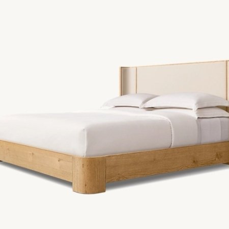 Lexham upholstered bed with wooden frame and fabric headboard