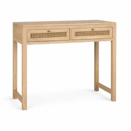 Elza console table in natural wood with cane drawer panels on white background
