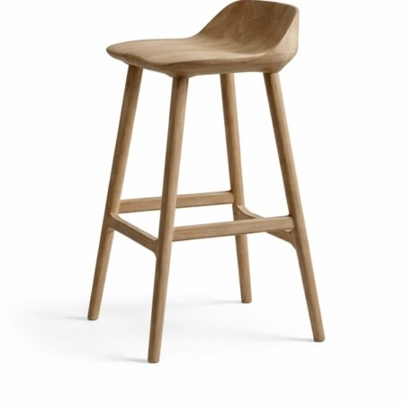 Fexo bar stool in natural wood with sculpted seat and angled legs on white background