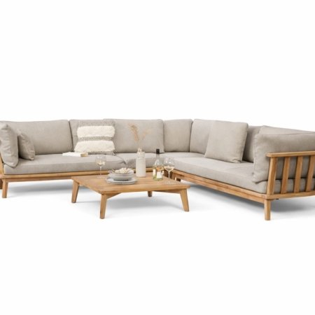 Mare corner set with natural wood frame, weather resistant fabric cushions, and matching coffee table
