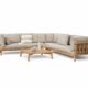Mare corner set with natural wood frame, weather resistant fabric cushions, and matching coffee table