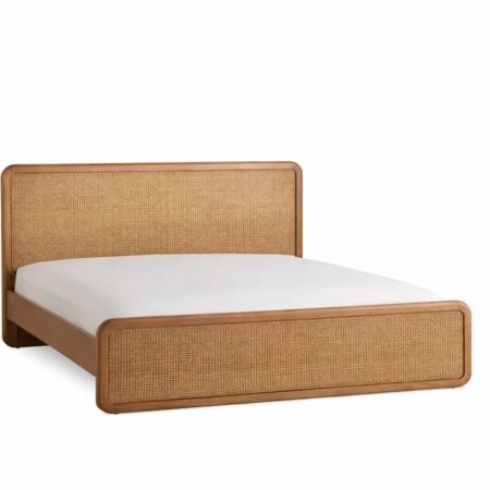 Temo bed in natural wood with cane headboard and footboard on white background