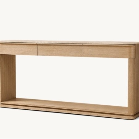 Zyno console table in natural wood with natural marble top on white background