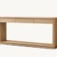 Zyno console table in natural wood with natural marble top on white background