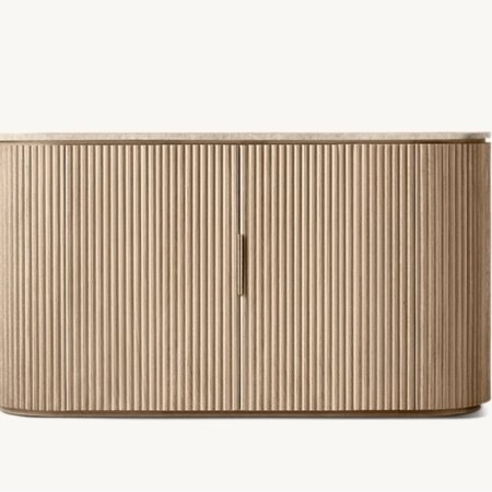 Avenor sideboard with natural marble top and fluted zan wood body on white background