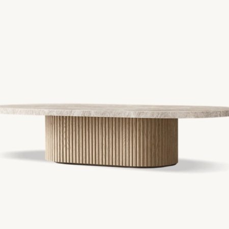 Avenor coffee table with natural marble top and fluted zan wood base on white background