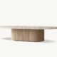 Avenor coffee table with natural marble top and fluted zan wood base on white background