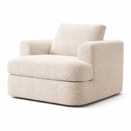Texo lounge chair in cream bouclé fabric with solid zan wood structure on white background