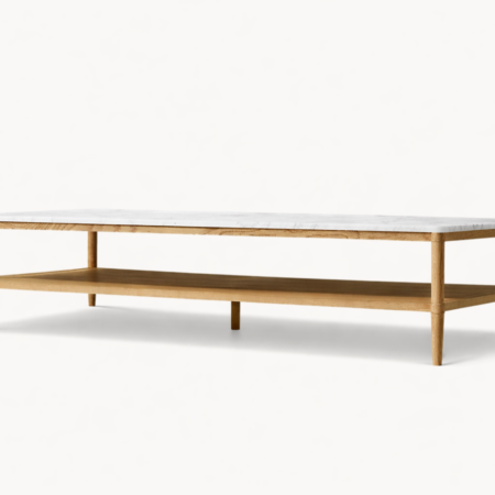 Lioro coffee table in natural wood with natural marble top and lower shelf on white background