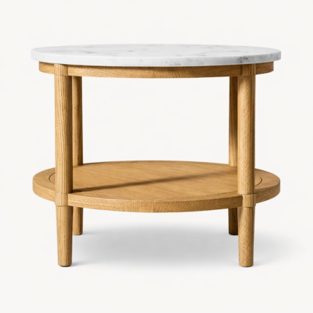 Lioro side table in natural wood with natural marble top and lower shelf on white background