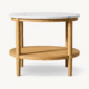 Lioro side table in natural wood with natural marble top and lower shelf on white background