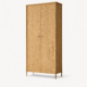 Ovan display cabinet in natural wood with double doors on white background