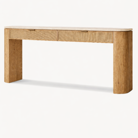 Kesto console table with travertine natural stone top, cane drawers, and natural wood structure on white background