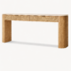 Kesto console table with travertine natural stone top, cane drawers, and natural wood structure on white background