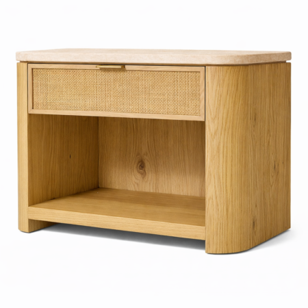 Lexham open nightstand with cane drawer, shelf, and travertine stone top
