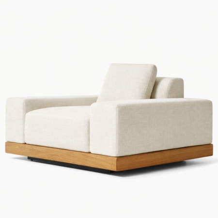 Bloom outdoor lounge chair made of natural wood with outdoor fabric upholstery