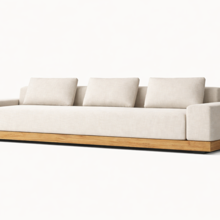 Bloom outdoor sofa with natural wood base and outdoor fabric upholstery