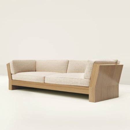 Melt sofa with solid wood frame and upholstered cushions in a modern Japandi interior style